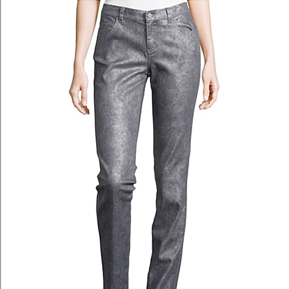 Lafayette 148 New York Denim - LAFAYETTE 148 Metallic Silver Print High Rise Straight Leg Jeans